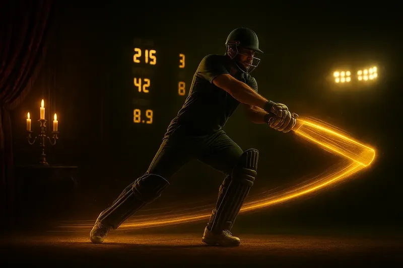 Cricket athlete in motion with neon trail and stadium lights