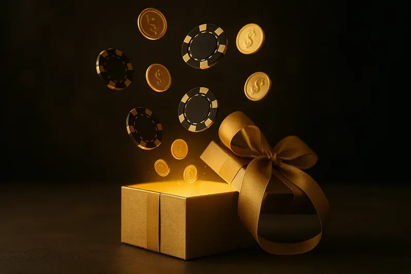 Premium gift box opening with gold light, casino chips and coins