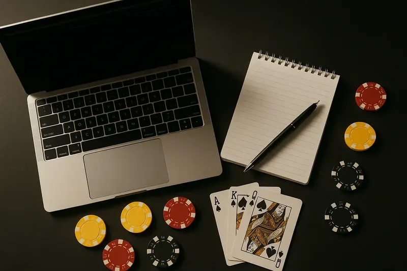 Overhead flat lay of laptop, casino chips, cards, and notepad