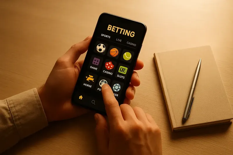 Man's hands using phone with betting app on desk